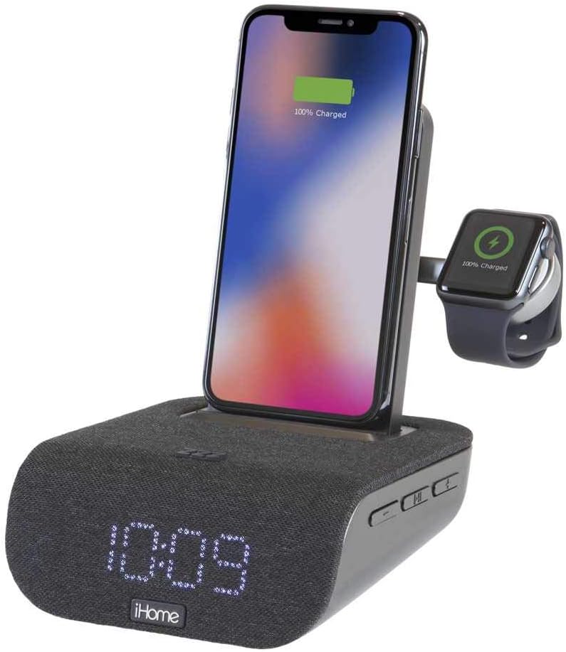 iHome TIMEBASE PRO+ Triple Charging Alarm Clock Qi-Certified Wireless Charging, Apple Watch Charger, Bluetooth Speaker