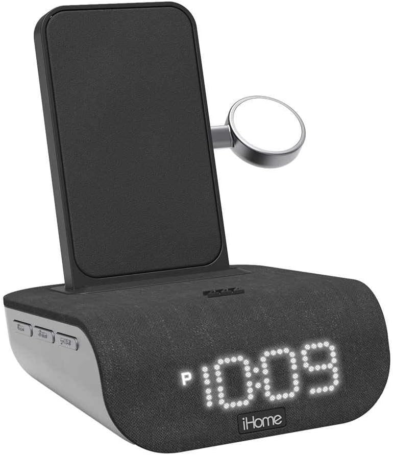 iHome TIMEBASE PRO+ Triple Charging Alarm Clock Qi-Certified Wireless Charging, Apple Watch Charger, Bluetooth Speaker