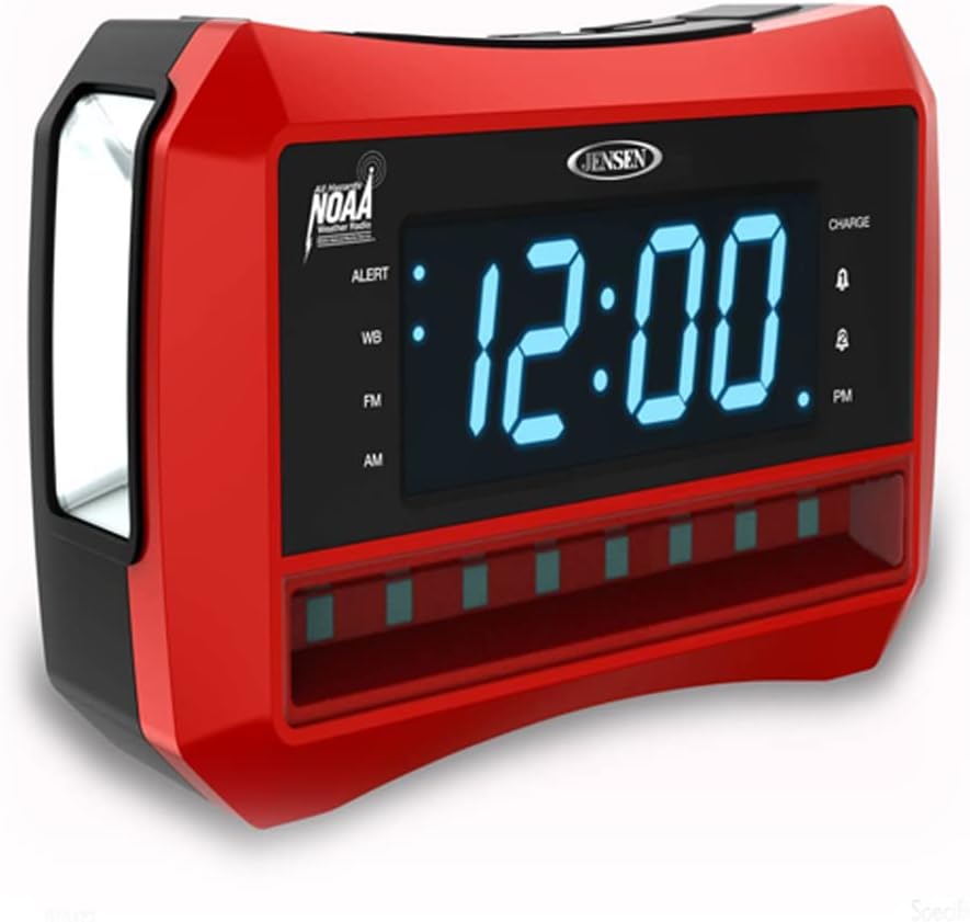 Jensen Digital AM/FM Weather Band Alarm Clock Radio with NOAA Weather Alert, Emergency Light and Built-in Flashlight