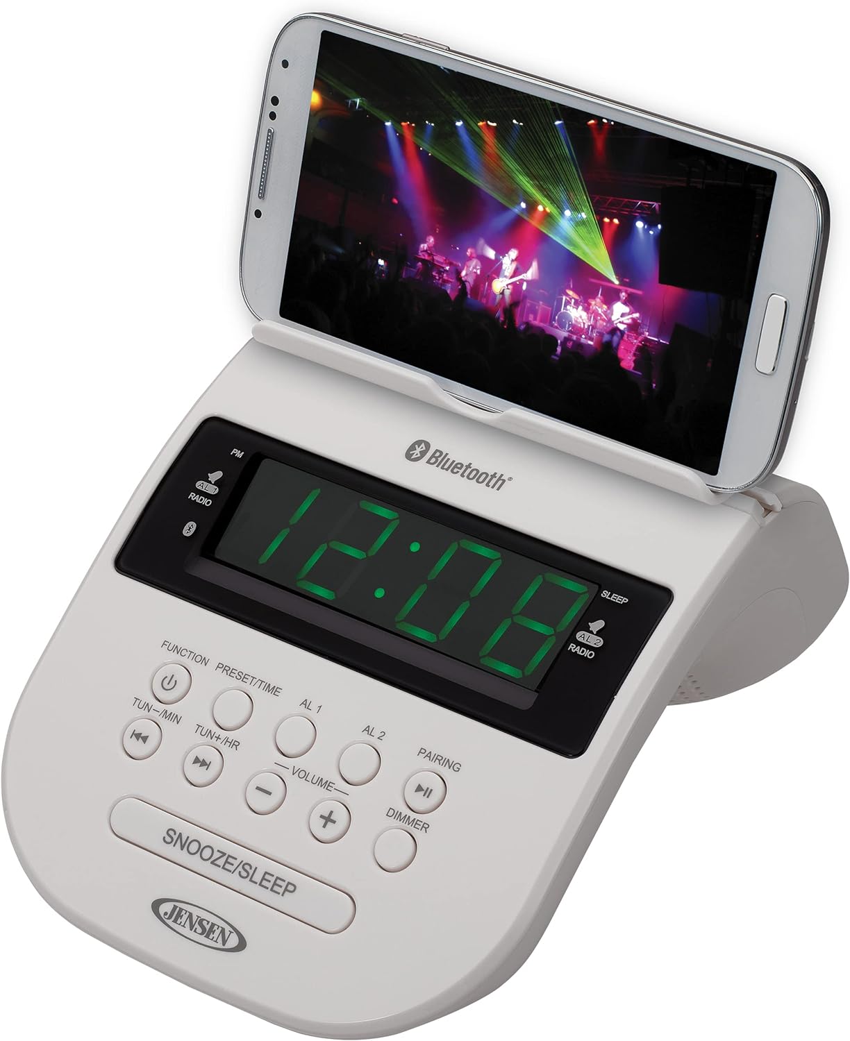 Jensen JCR-295 Bluetooth Clock Radio with Cellphone Holder.