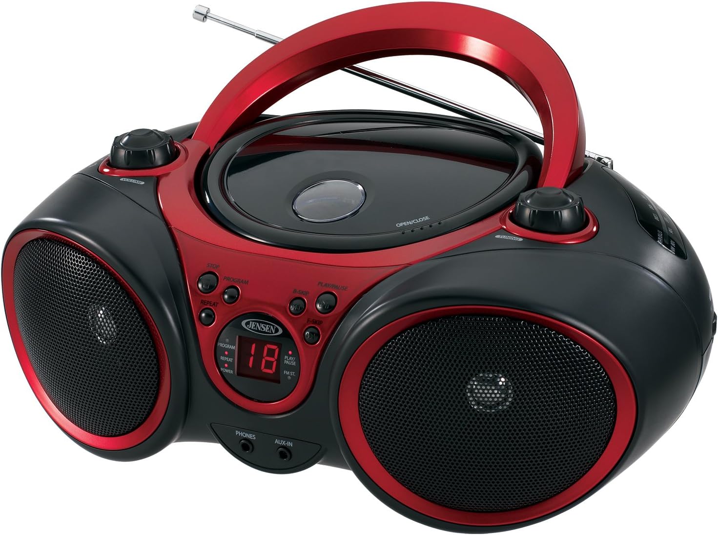 JENSEN CD490 Portable Stereo CD Player with AM/FM Radio and Aux Line-In, Red and Black