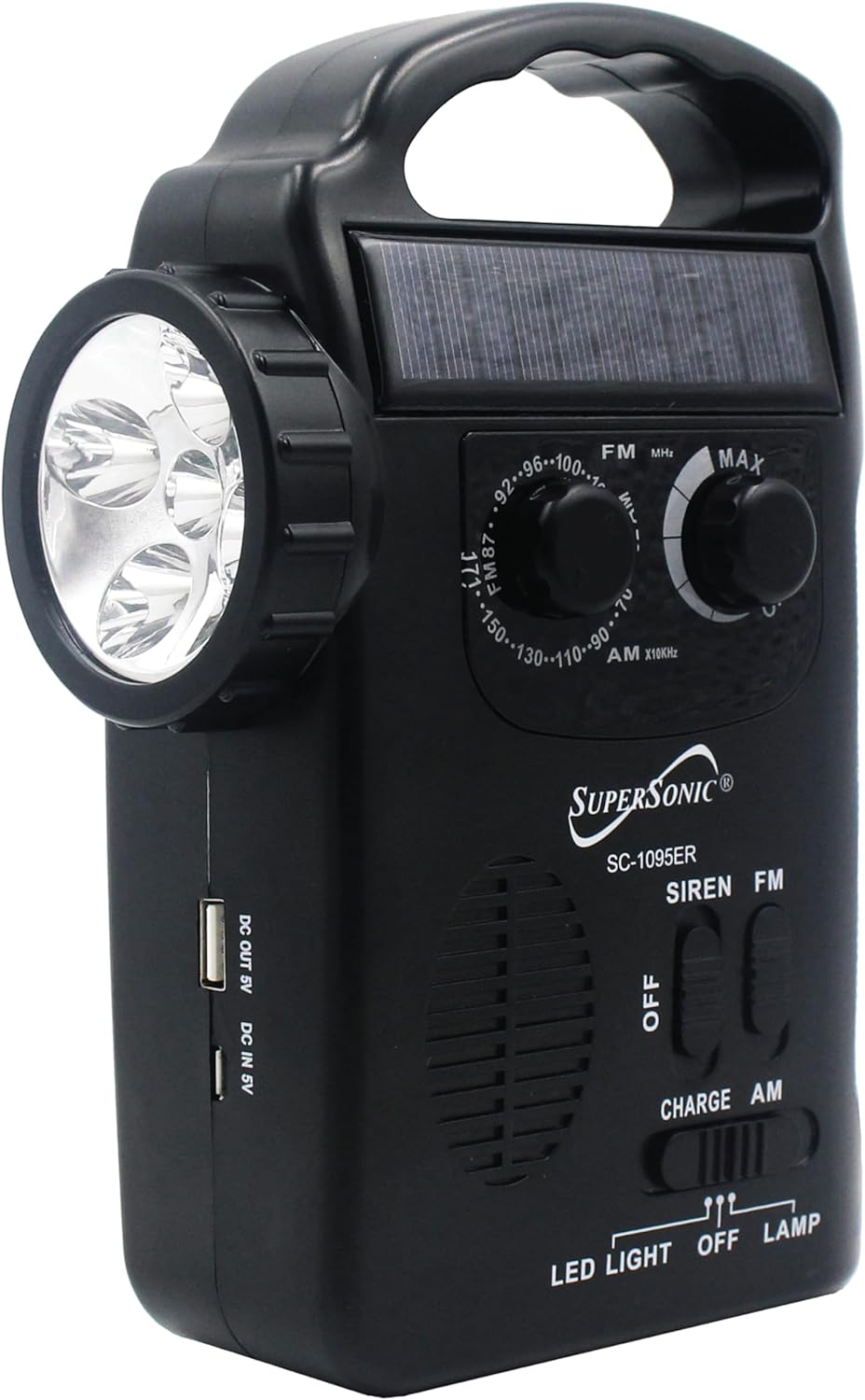 Supersonic SC-1095ER Emergency Solar/Hand Crank Radio w/Flashlight, 3 Power Supplies,