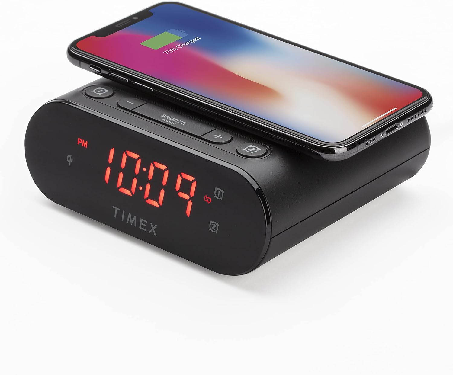 Timex Bedside Wireless Charging Dual Alarm Clock, with Large LED Display, Dimmer, Snooze bar and Battery Backup