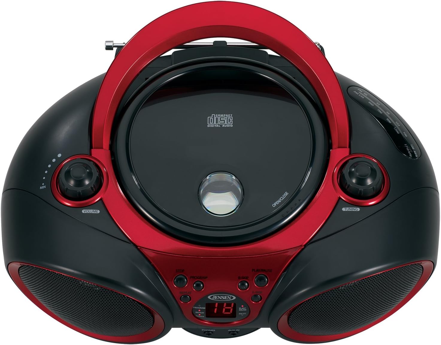 JENSEN CD490 Portable Stereo CD Player with AM/FM Radio and Aux Line-In, Red and Black