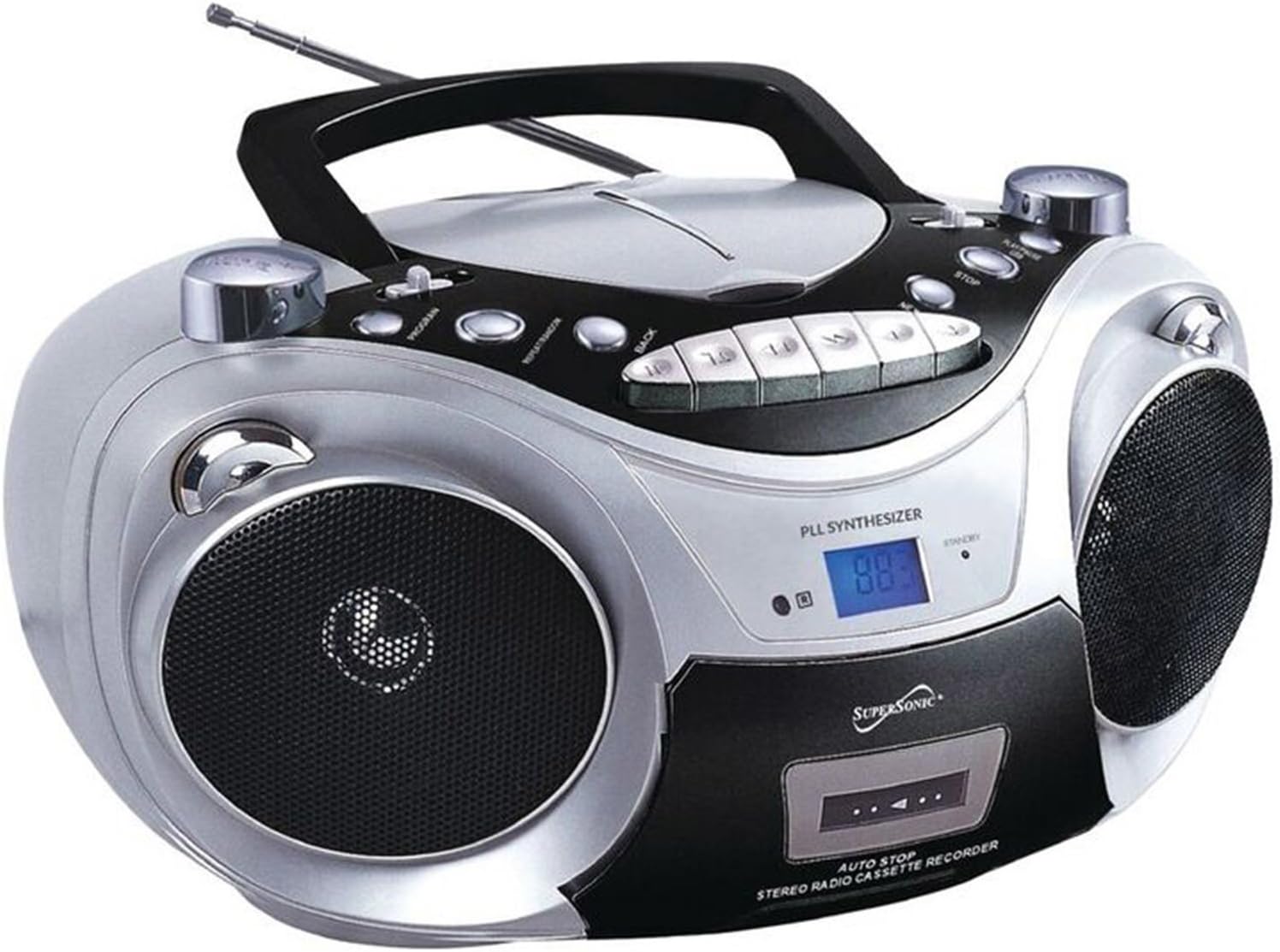 Supersonic SC-739BT Top Loading CD Boombox Player with Wireless Bluetooth, AM/FM Radio, Cassette Recorder, (Silver)