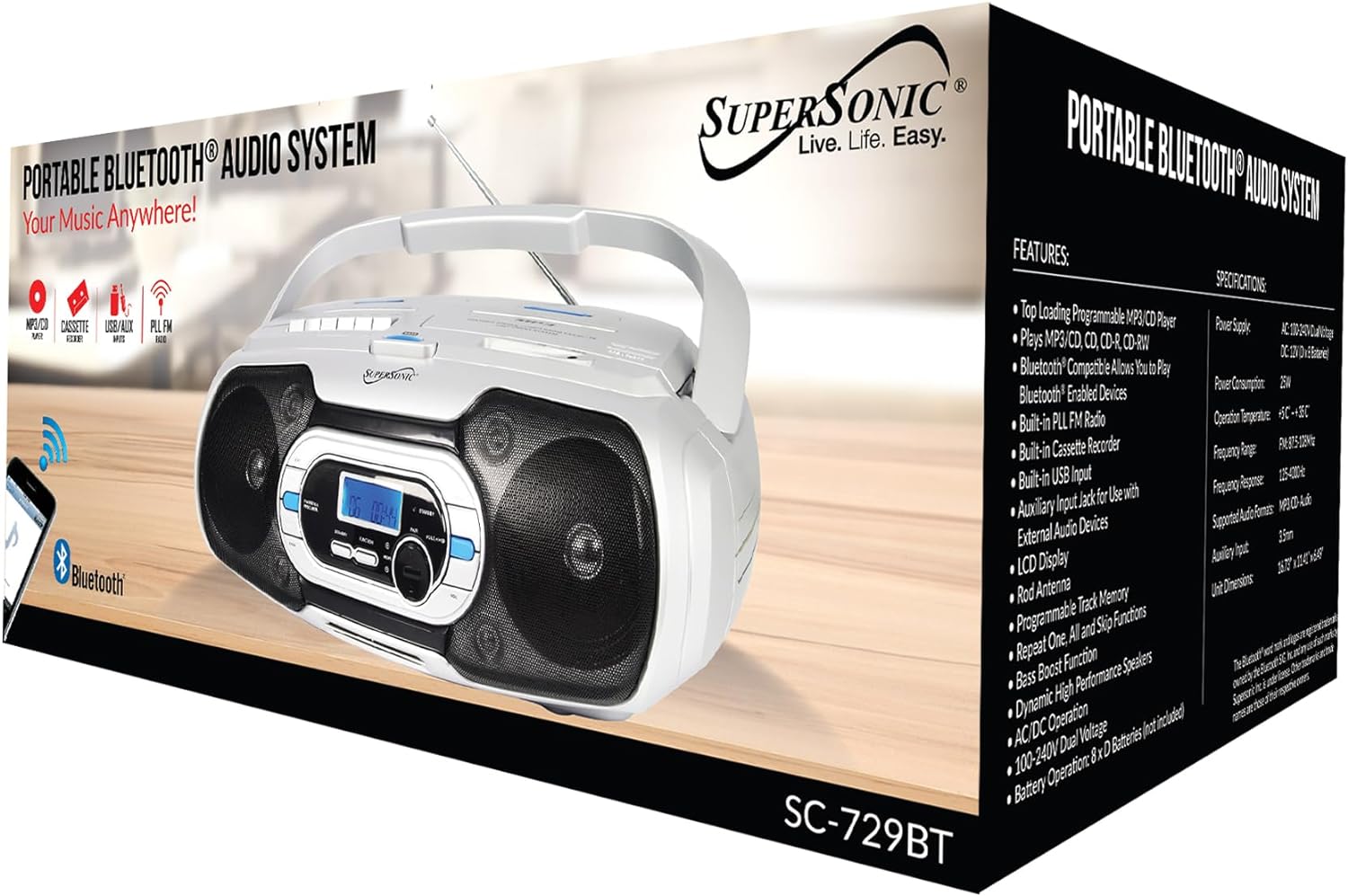 Supersonic SC-729BT Top Loading Programmable MP3/CD Boombox Player, Bluetooth, Cassette Recorder, FM Radio