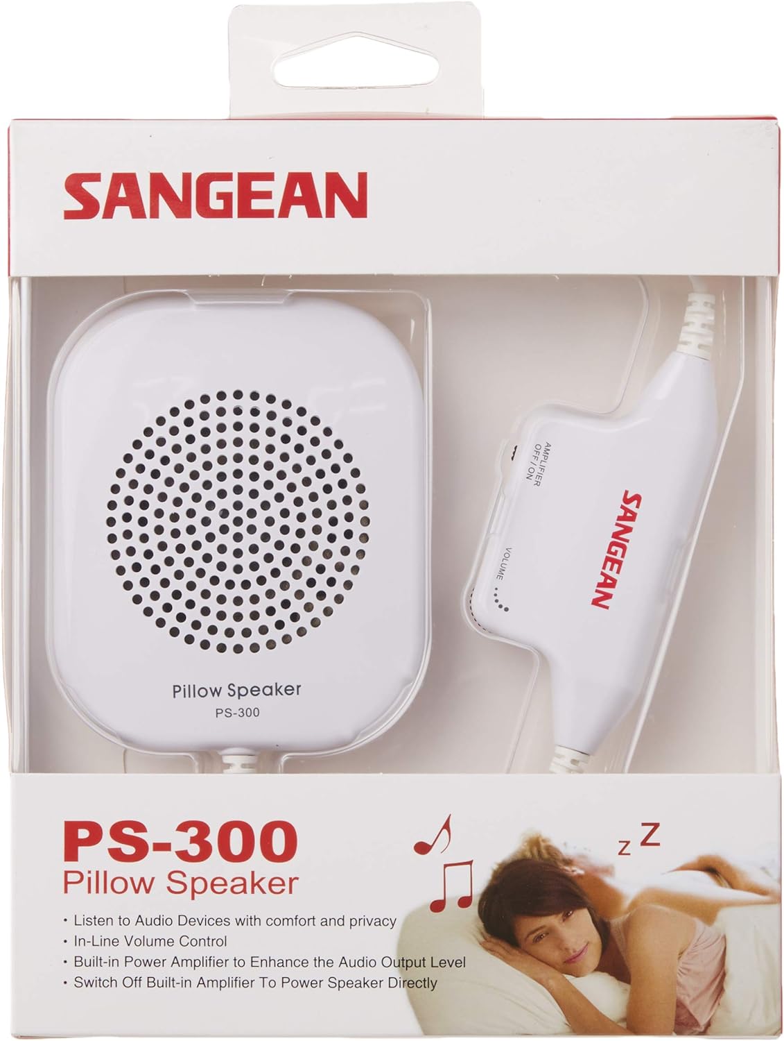 Sangean PS-300 Pillow Speaker with In-line Volume Control and Amplifier (White).