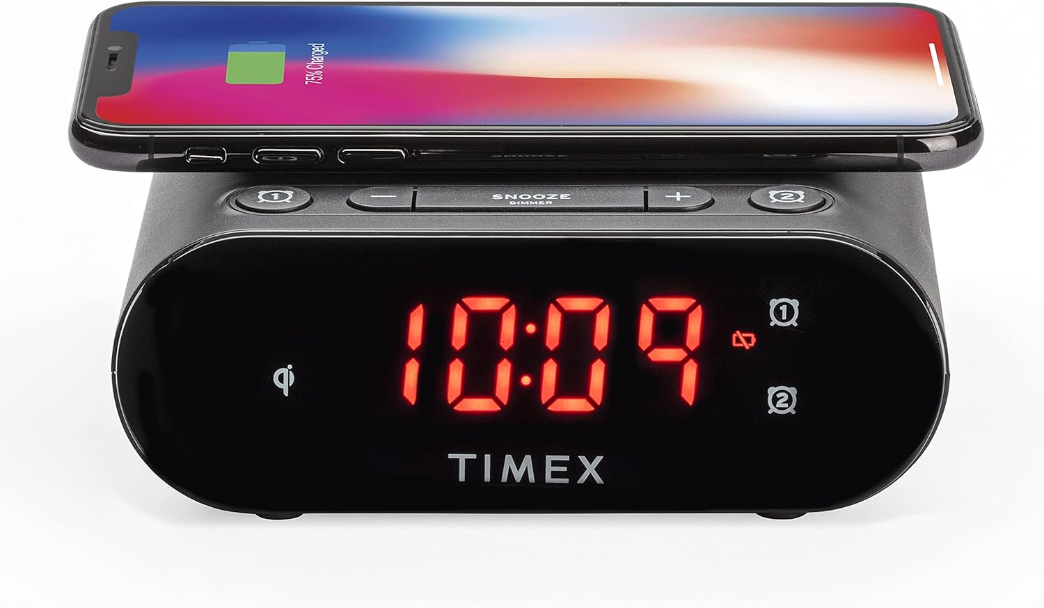 Timex Bedside Wireless Charging Dual Alarm Clock, with Large LED Display, Dimmer, Snooze bar and Battery Backup