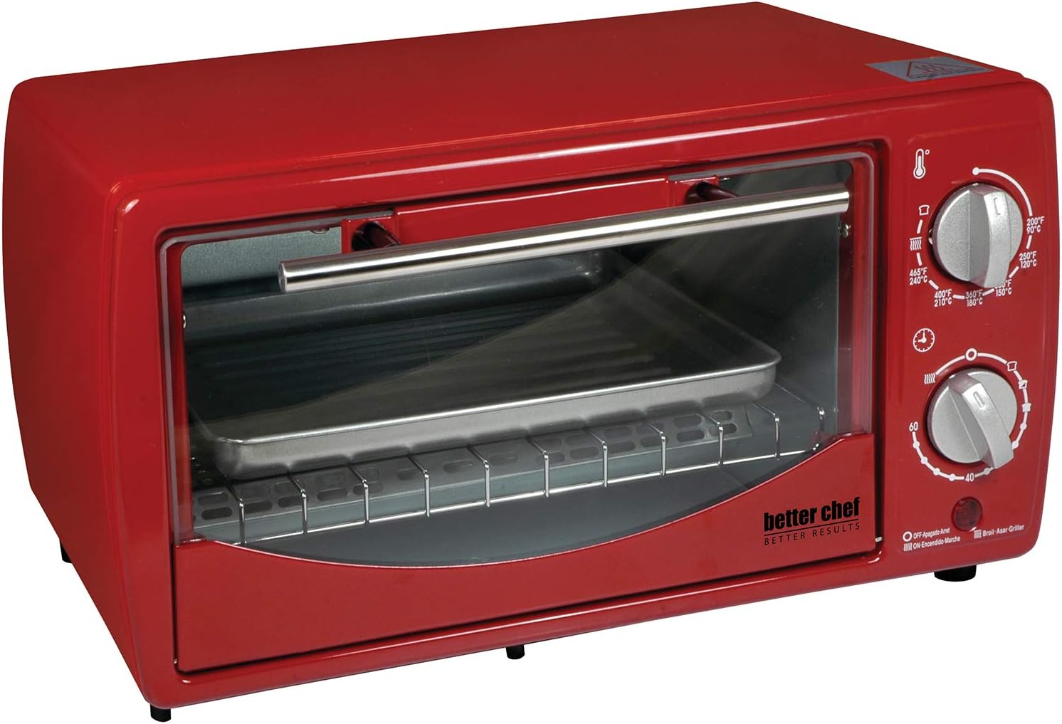 Better Chef Basic Toaster Oven 4-Slice 60-Minute Timer Slide Out Rack Bake Tray Broil (Red)