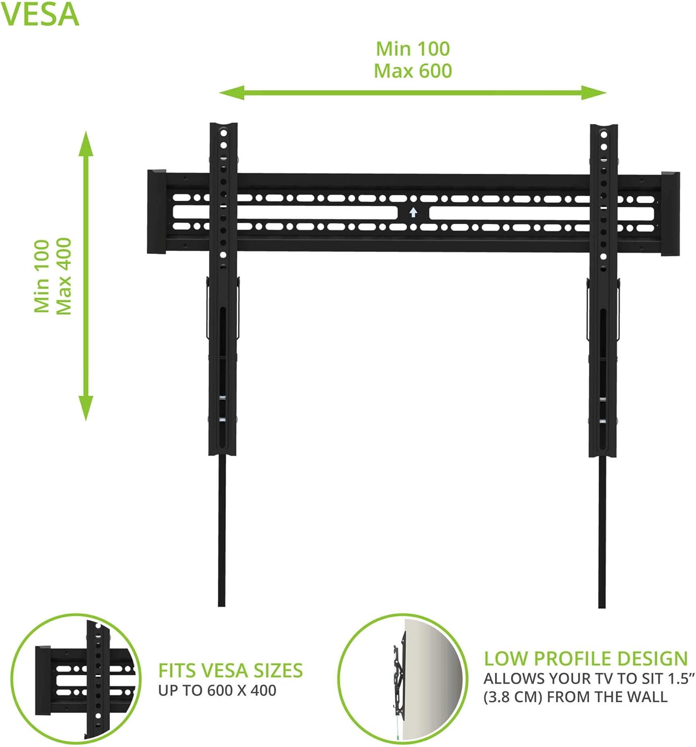 Kanto KT3260 Tilting TV Wall Mount for 32” to 60” Monitors, VESA 100 x 100 to 600 x 400, Tilt Mechanism, Quick Release Tabs, Solid Steel, Dual Stud Wall Plate.