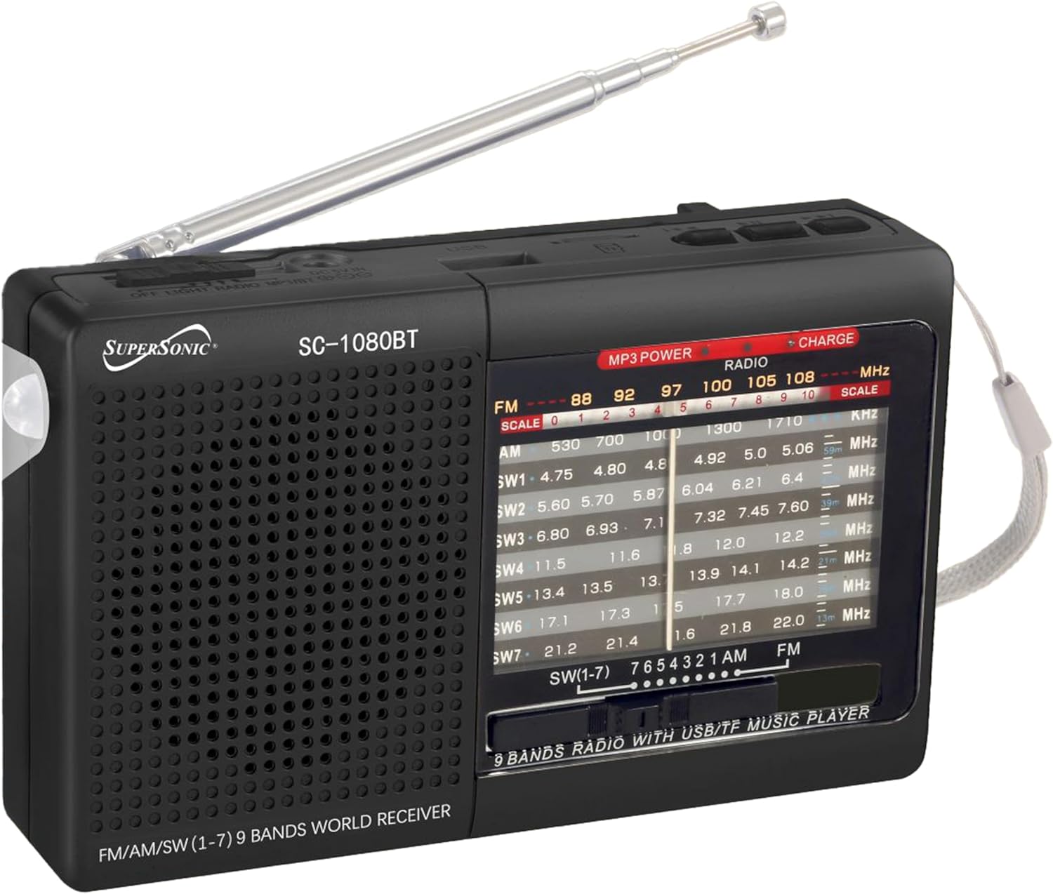 Supersonic SC-1080BT 9-Band Radio with Bluetooth, Portable Small Multi Band Radio