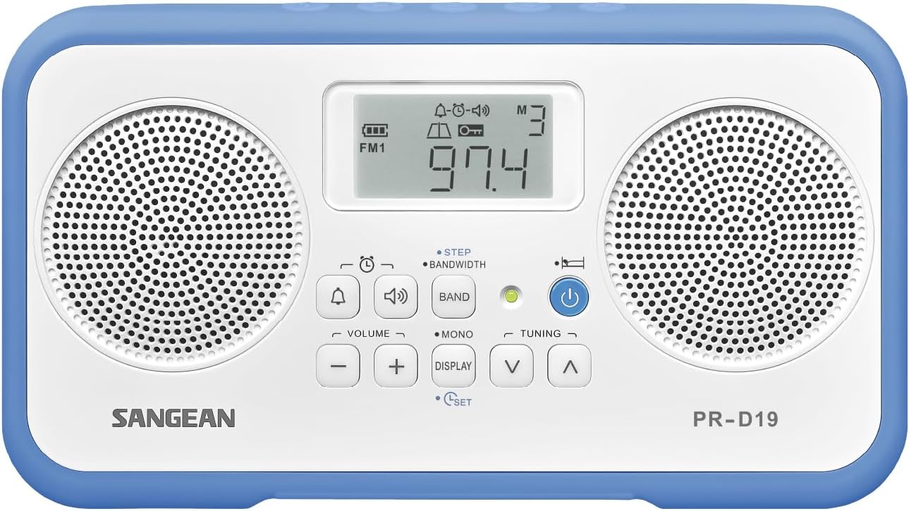 Sangean PR-D19BU FM Stereo/AM Digital Tuning Portable Radio with Protective Bumper (White/Blue).