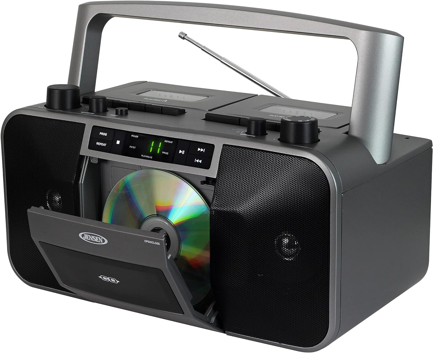 JENSEN MCR-1500 Portable Stereo CD Player and Dual-Deck Cassette Player/Recorder with AM/FM Radio, Gray