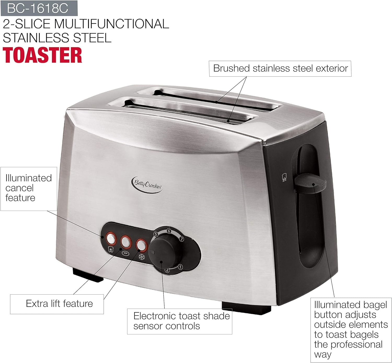 Betty Crocker 2-Slice Multifunctional Toaster, Brushed Stainless Steel