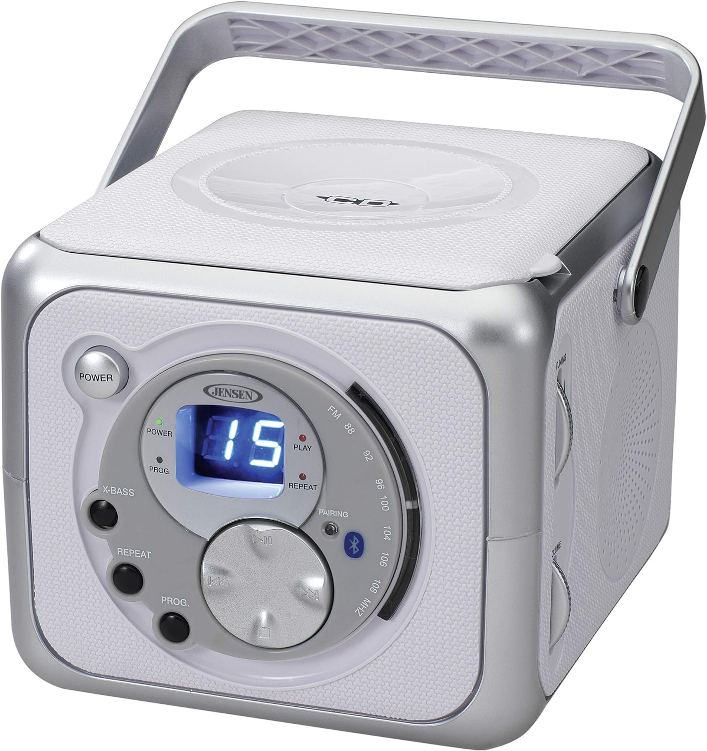 Jensen CD-555 White/Silver CD Bluetooth Boombox Portable Bluetooth Music System.