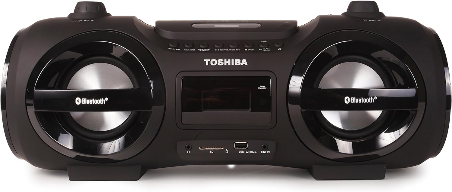 Toshiba Wireless Bluetooth Boombox Speaker: Portable CD Boom Box with FM Radio, Remote & LED Lights