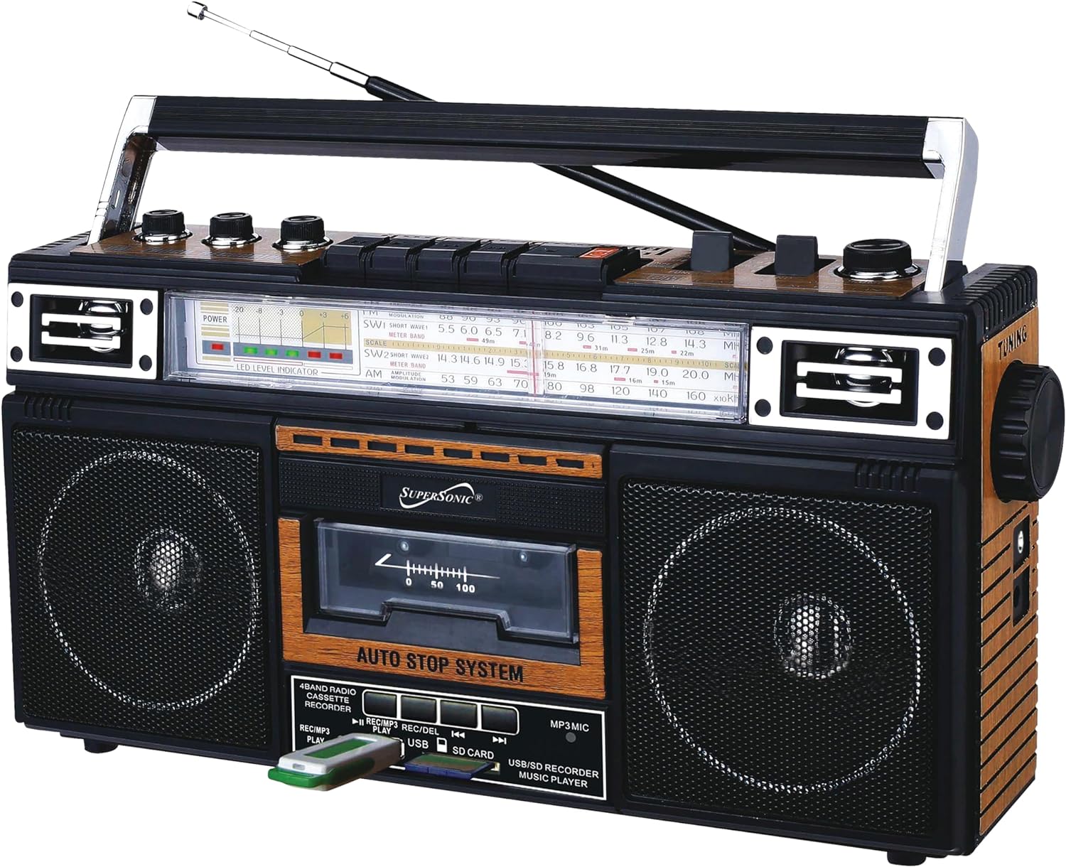 Supersonic SC-3201BT 4 Band Radio &amp; Cassette Player Boombox, Bluetooth Speaker,