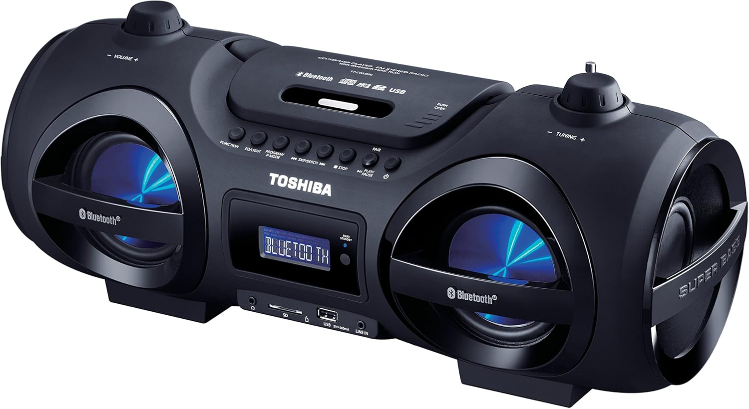 Toshiba Wireless Bluetooth Boombox Speaker: Portable CD Boom Box with FM Radio, Remote & LED Lights