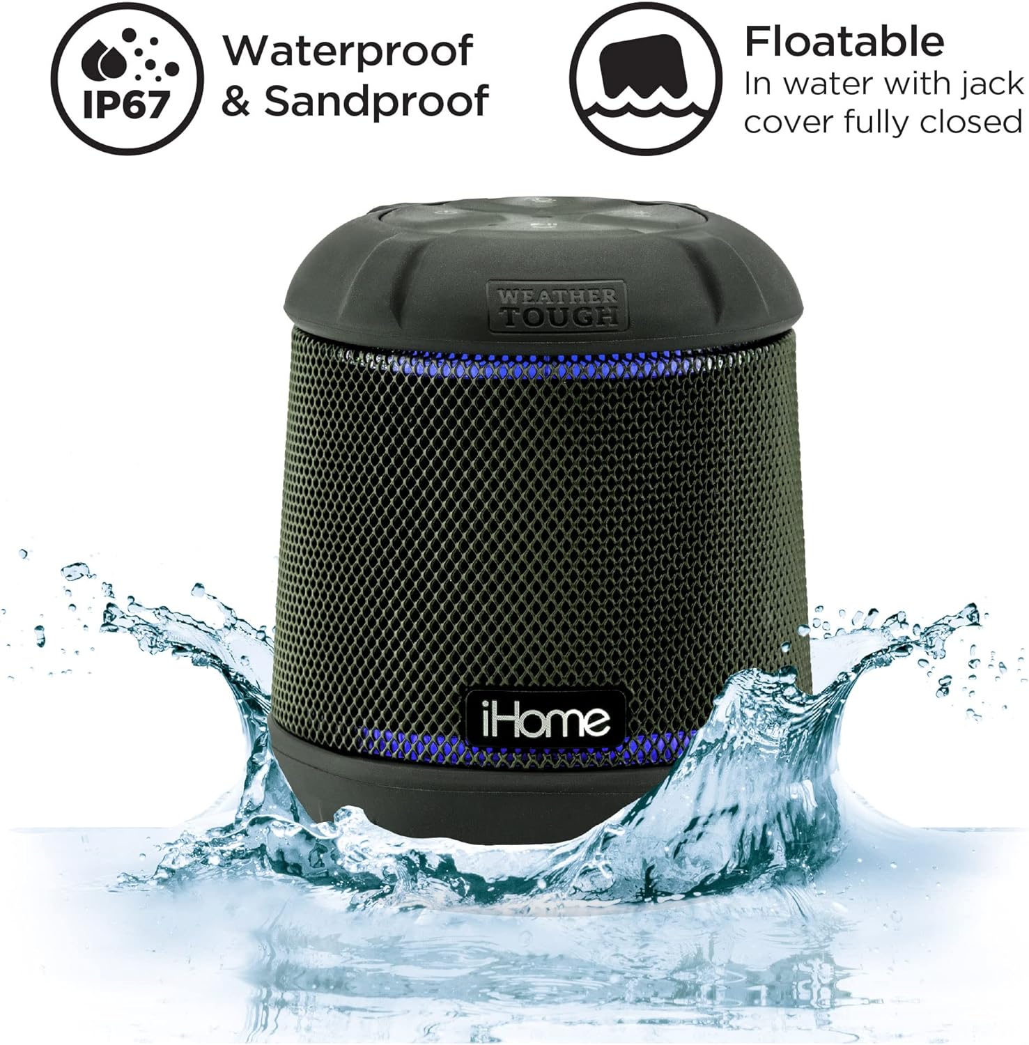 iHome Waterproof Bluetooth Speaker with Color Changing Lights,