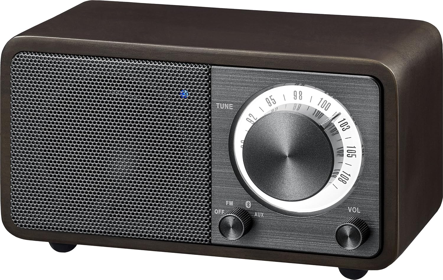 Sangean WR-7DK Wood Cabinet Mini Bluetooth Speaker with FM Radio Tuner and Aux-in Dark Cherry/Wood.